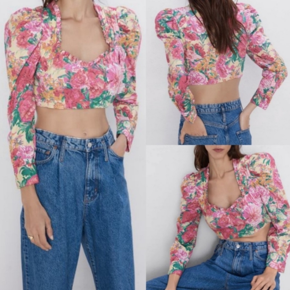 Zara puff sleeve floral crop top